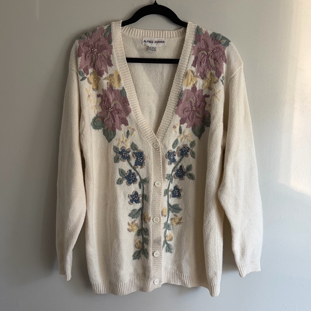 Alfred Dunner Floral Embroidered Cardigan in Cream